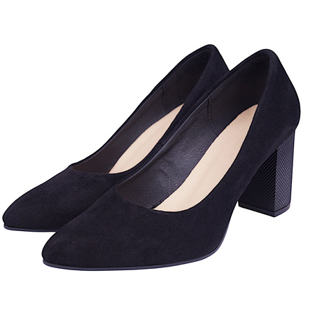 Polskie czółenka damskie zamszowe na obcasie z linii eco w kolorze czarnym model ESK 876