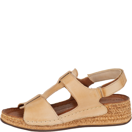 Sandały Syrena SST 995 beżowe - skórzane, na rzep, 4 cm koturna