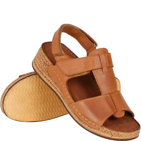 Sandały Syrena SST 995 rude - skórzane, na rzepy, koturn 4 cm