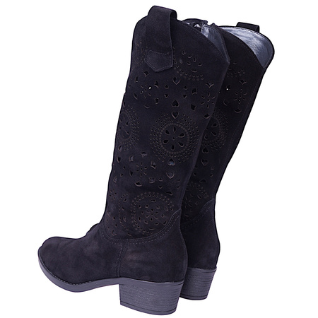 Kozaki damskie kowbojki ażurowe zamszowe skórzane Syrena SOP 613 czarne