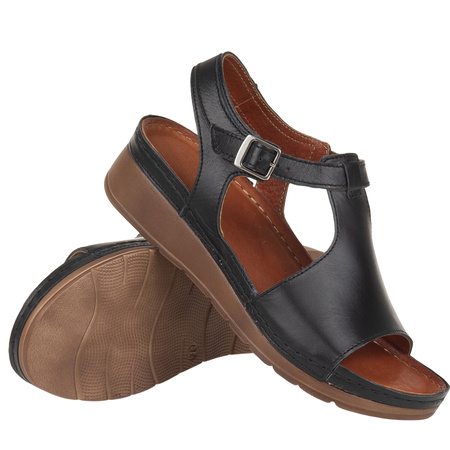 Czarne Komfortowe Sandały Damskie Skórzane Syrena SST 924