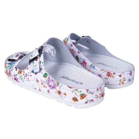 Klapki damskie w kwiaty skóra naturalna SYRENA SH 22288 białe