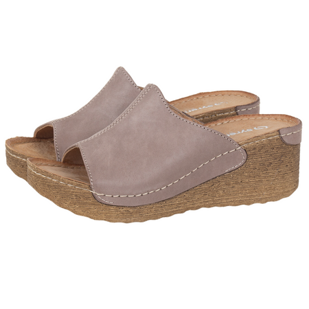 Klapki damskie na koturnie Syrena SOT 394 cappucinno - skóra naturalna