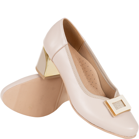 Czółenka na słupku Syrena SE P-295 beżowe - skóra naturalna