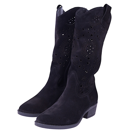 Kozaki damskie kowbojki ażurowe zamszowe skórzane Syrena SOP 613 czarne