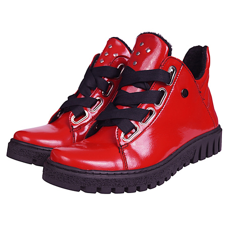 Botki damskie płaskie skórzane lakierowane Syrena SH 513 czerwone