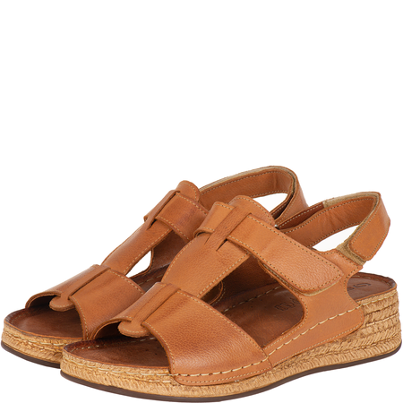 Sandały Syrena SST 995 rude - skórzane, na rzepy, koturn 4 cm