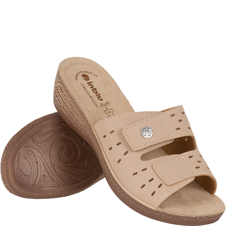 Beżowe klapki Inblu GL-52 z rzepem | obuwie na koturnie