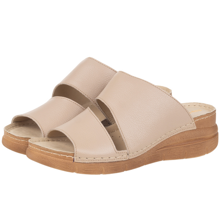 Klapki na koturnie skórzane marki Syrena SST 981 beżowe