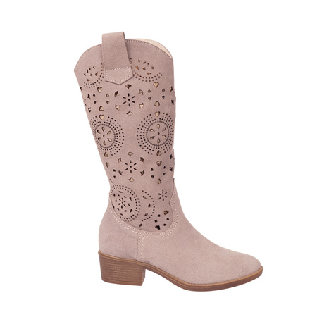 Kozaki damskie kowbojki ażurowe zamszowe skórzane Syrena SOP 613 cappucino