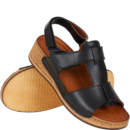 Sandały Syrena SST 995 czarne - skórzane, na rzepy, koturn 4 cm