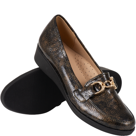 Syrena SE 0057 czarno-złote - mokasyny skórzane na 4 cm obcasie