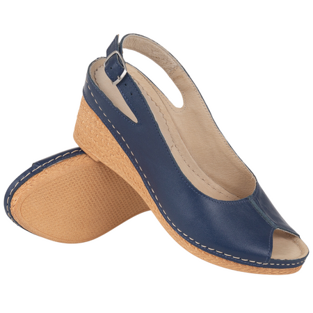 Skórzane sandały na koturnie SYRENA SWB 535 granatowe
