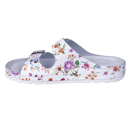 Klapki damskie w kwiaty skóra naturalna SYRENA SH 22288 białe