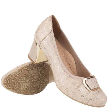 Czółenka na słupku Syrena SE 7145 beżowe - skóra naturalna