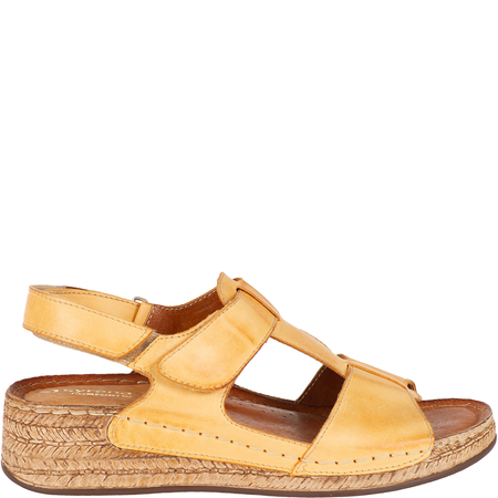 Sandały Syrena SST 995 żółte - skórzane, na rzep, 4 cm koturna