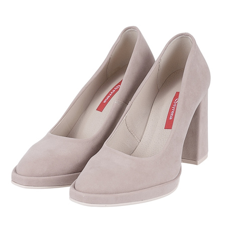 Czółenka damskie na grubym obcasie Syrena SEDA 329 beż zamsz