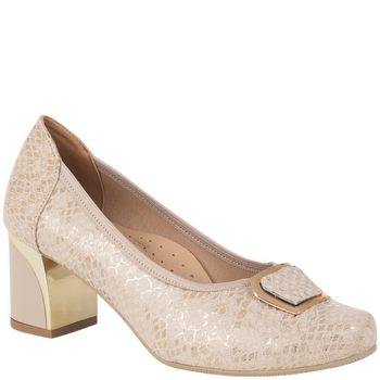 Czółenka na słupku Syrena SE 7145 beżowe - skóra naturalna