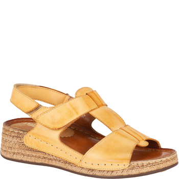 Sandały Syrena SST 995 żółte - skórzane, na rzep, 4 cm koturna